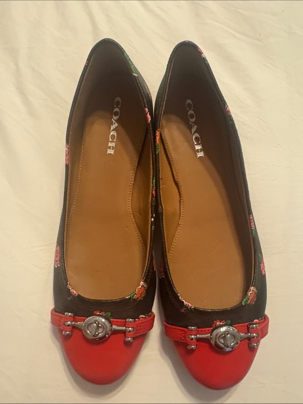 COACH Leila Floral Ballet Flats with Red Toe and Trim